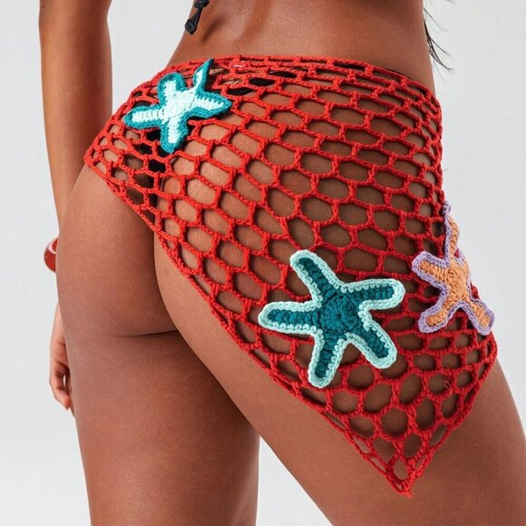 Red Women's Swim Sexy Crochet Hollow Out Starfish Pattern Beach Cover Up - Picture 3 of 7